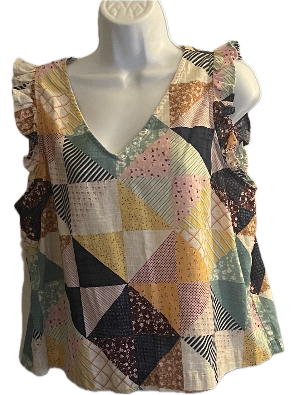 a.n.a Patchwork V-Neck Ruffle Sleeve Tank in Yellow, Pink, Green, Navy, Cream